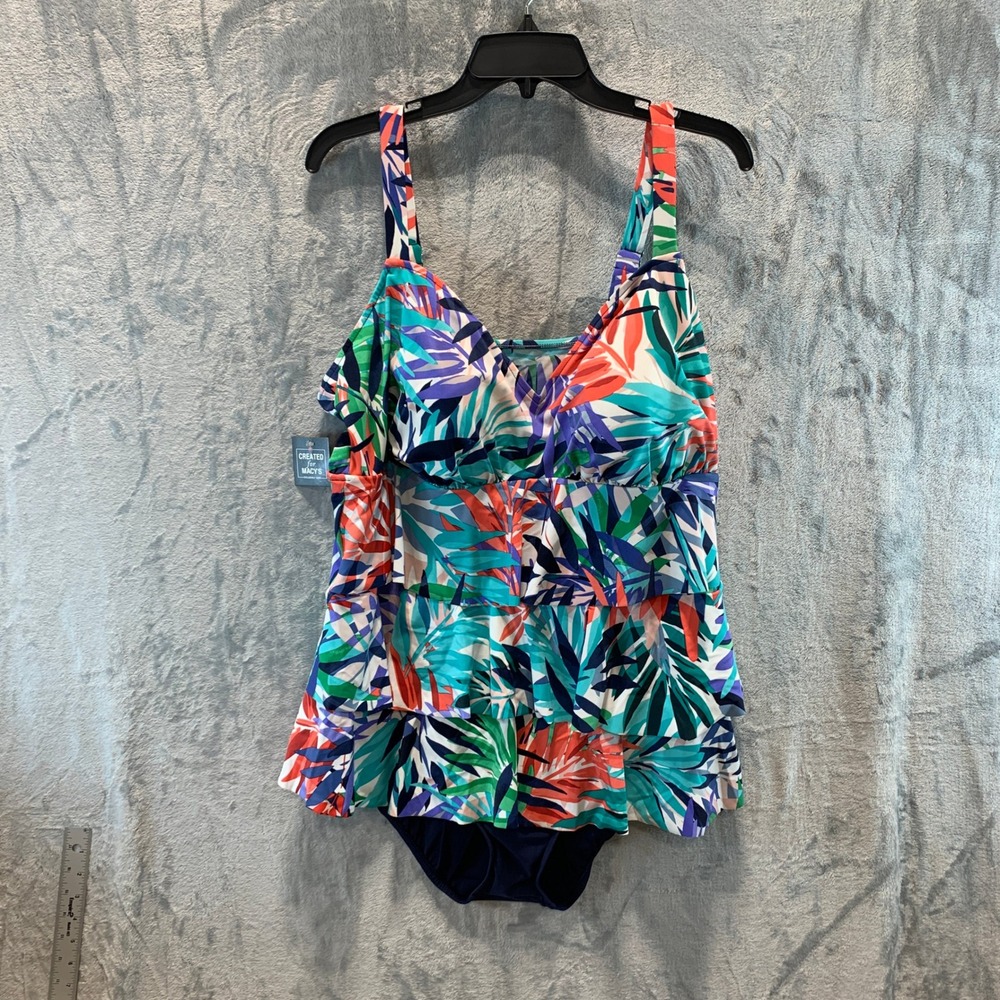 Swim Solutions Womens 20W Navy Blue Tropical Tiered Fauxkini One Piece Swimsuit - Picture 1 of 8